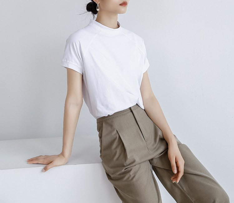 Summer Cotton Solid Color Short Sleeve Women T Shirt French Pullover Women Side Slit