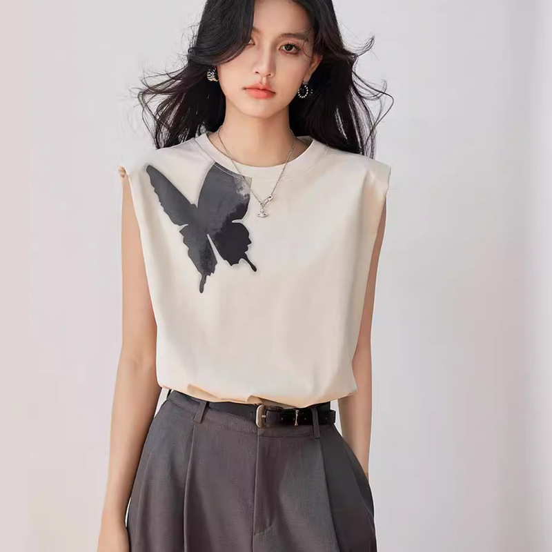 O3226 Classical Elegant Print Butterfly Silhouette Cotton T-Shirt Vest Women's Top Elegant Niche Design Summer Fashion