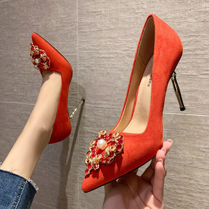 European and American sexy pointed shallow high heeled shoes sexy thin women’s single shoes pearl net red thin heeled wo