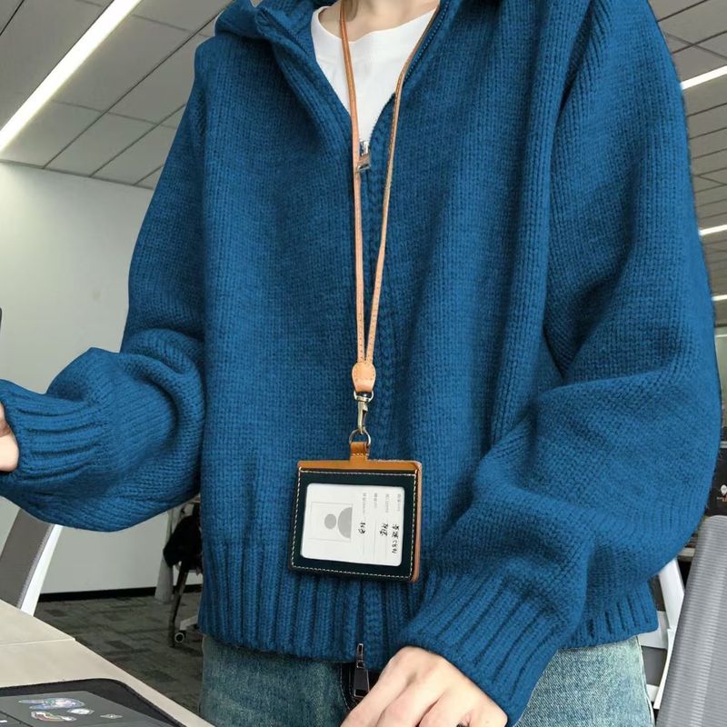 感慵懒风连帽卫衣拉链毛衣女秋冬宽松显瘦设计感针织开衫|undefined