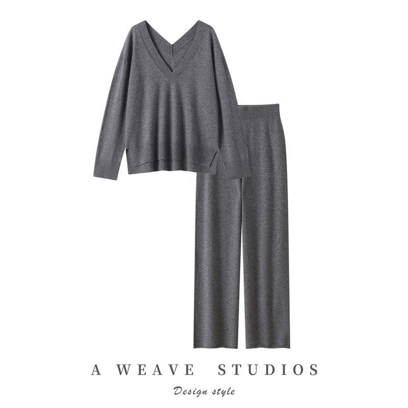 Fashionable Imitation Wool Suit for Women 2025 Autumn and Winter New Loose Casual Sweater Pullover Two-Piece Wide-Leg Pants