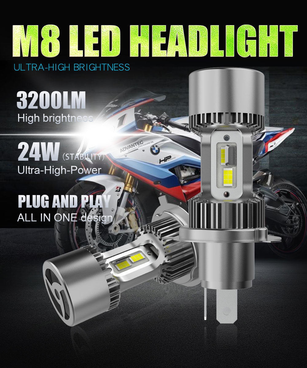 Popular Motorcycle Led Headlight M8 Electric Vehicle Light H4 Super Bright Spotlight with Built-In Direct Plug 12V Three-Prong Connector