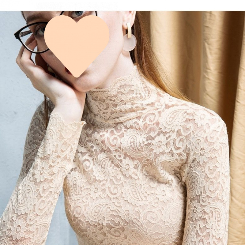 加绒/不加绒秋冬新款蕾丝打底衫女高领长袖洋气内搭纯色修身上衣|undefined
