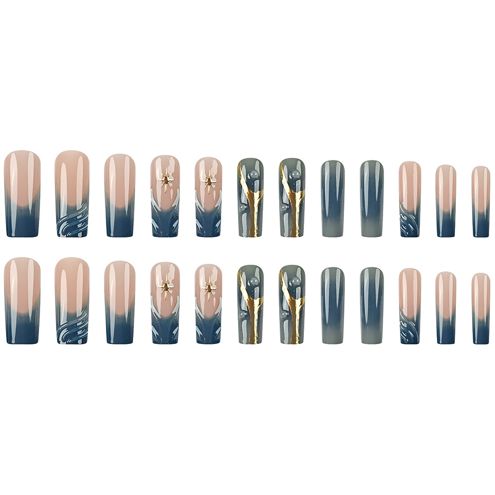 Europa y los Estados Unidos ventas calientes retro 3D manicuras usables estampado de lámina de oro manicuras falsas de sol bordes azules francesas goteo de goma desgaste uñas