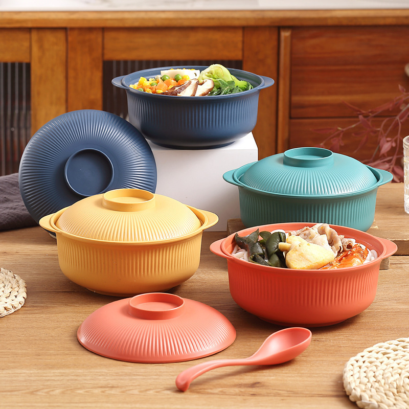 Cross-Border Large Wheat Straw Household Soup Bowl with Lid, Creative Restaurant Student Thickened Double-Ear Instant Noodle Bowl