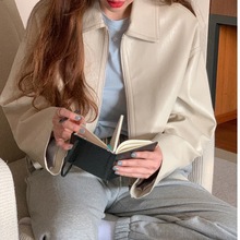 2023秋装韩版chic复古港风简约纯色气质翻领短款拉炼开衫皮衣外套