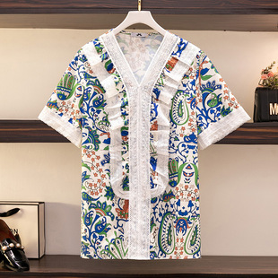 63298 Clearance Special Offer 60.00 kg-175.00 kg Large Size Women's Summer Fat Girl Floral V-neck Elegant Short-sleeved Shirt for Women