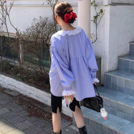 休闲慵懒风条纹花边V领宽松显瘦长袖上衣衬衫