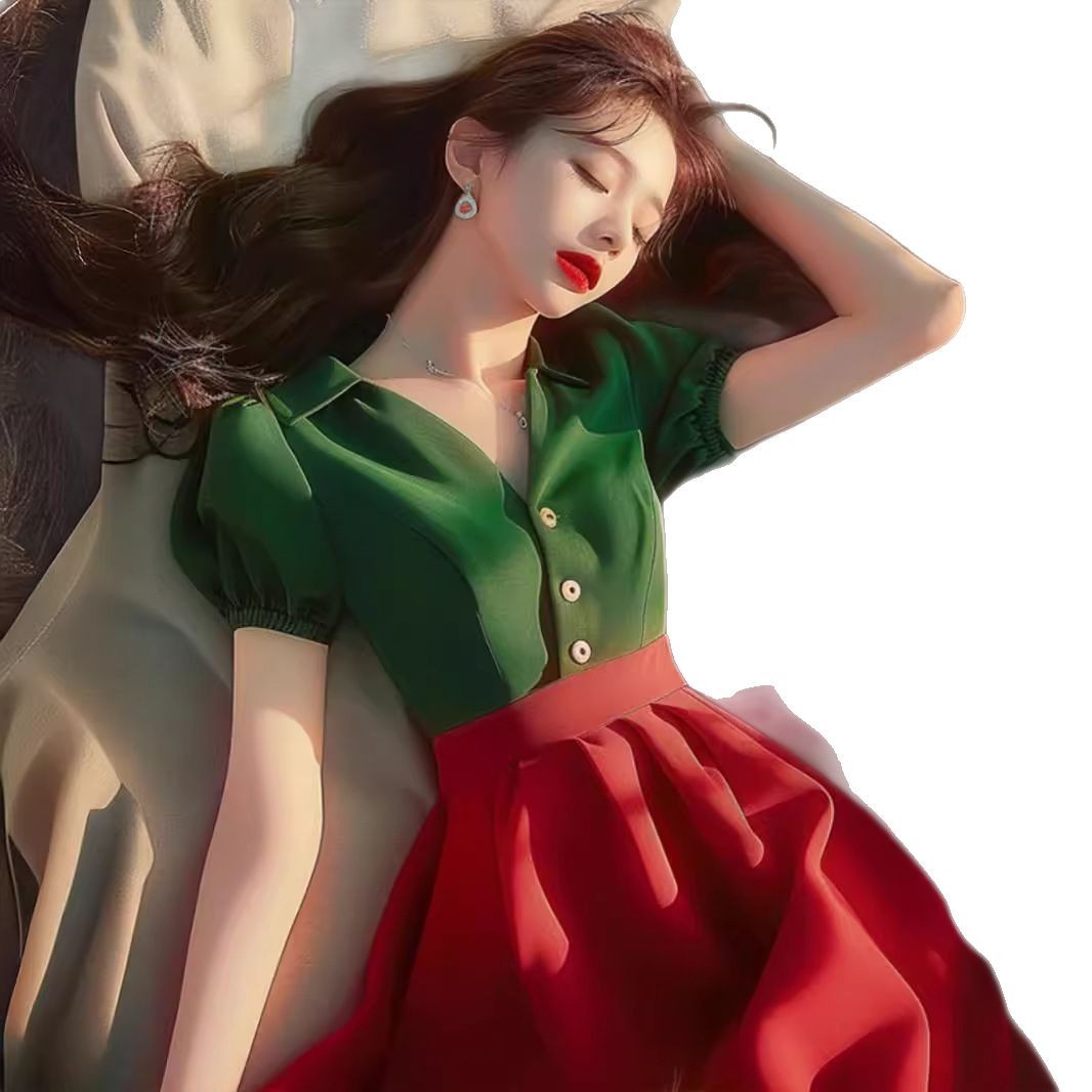 Váy maxi nữ hai màu tương phản giả hai lớp dáng dài, phù hợp người nhỏ nhắn mùa hè — Màu xanh lục đỏ