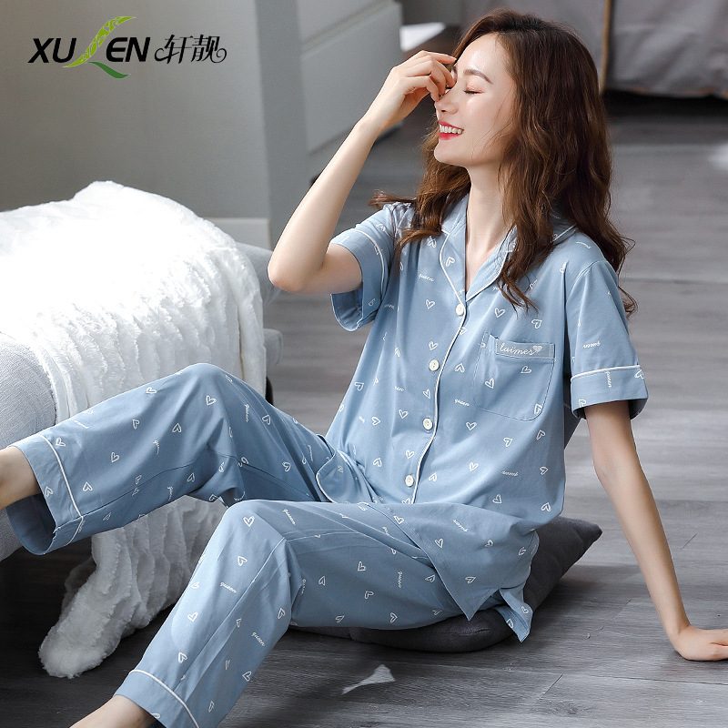 Pijamas de verano para mujer 100% pantalones de manga corta de algodón ropa para el hogar verano para mujer talla grande más delgada primavera y verano traje de dos piezas