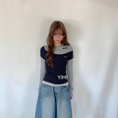 YIMI2025秋季新款假两件撞色拼接T恤女时髦气质字母布标打底上衣