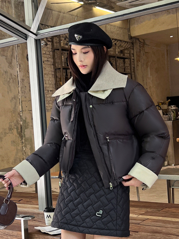 外贸小个子pu皮2025短款羽绒棉服女冬季针织新款撞色保暖棉袄外套|undefined