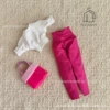 White top + pink trousers + bag