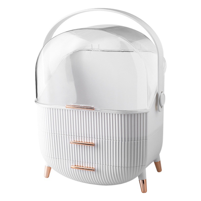 Internet celebridad cosméticos caja de almacenamiento transparente productos para el cuidado de la piel estante de almacenamiento cajón de almacenamiento de escritorio caja de almacenamiento a prueba de polvo con mango