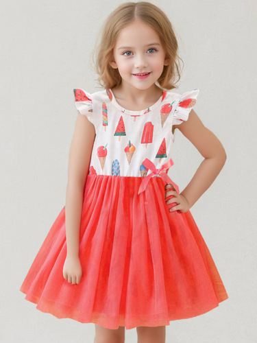 Summer European and American girls princess dress, cute flying sleeves, ice cream print, red mesh stitching, children's dress