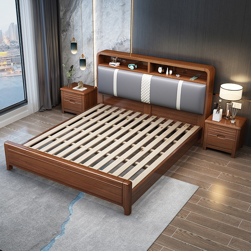 Nogal cama de madera maciza 1,8 metros cama doble 1,5 metros de almacenamiento cama bolsa suave moderno Nuevo chino boda muebles de cama