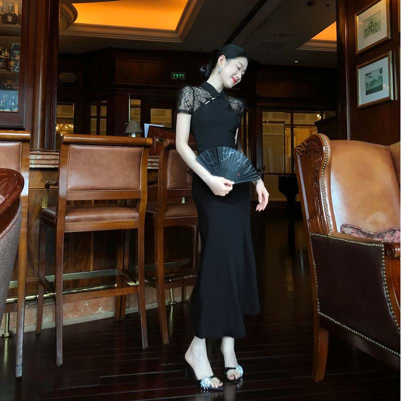 New Chinese Style Waist Slimming Mid-Length Skirt for Girls Retro Slanted Lace Cheongsam National Style Fishtail Skirt Evening Dress