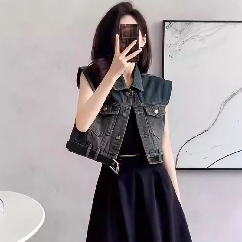Vintage Short Denim Vest Jacket Summer Design Vest Women's Loose Sleeveless Waistcoat