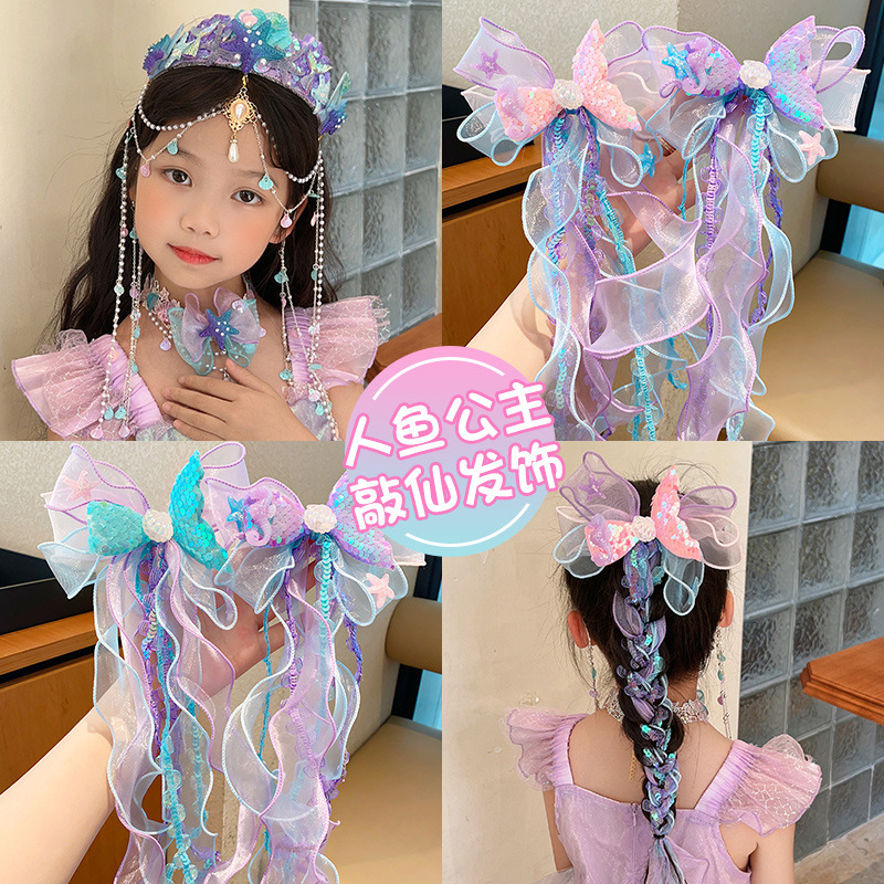 super fairy mermaid headband children‘s crown headdress girl pearl tassel forehead lace little girl bow barrettes