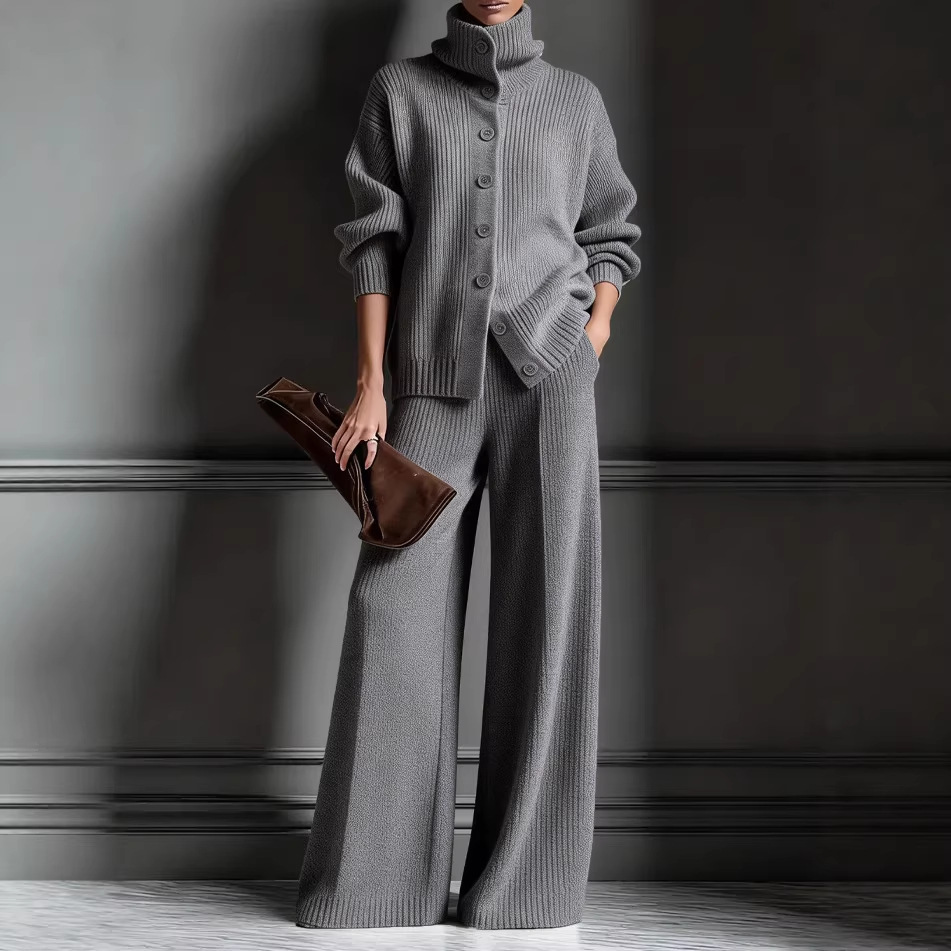 turtleneck Solid Color Cardigan Long-sleeved Top Wide-leg Pants Set Knitted 2-piece Set_voghion.com