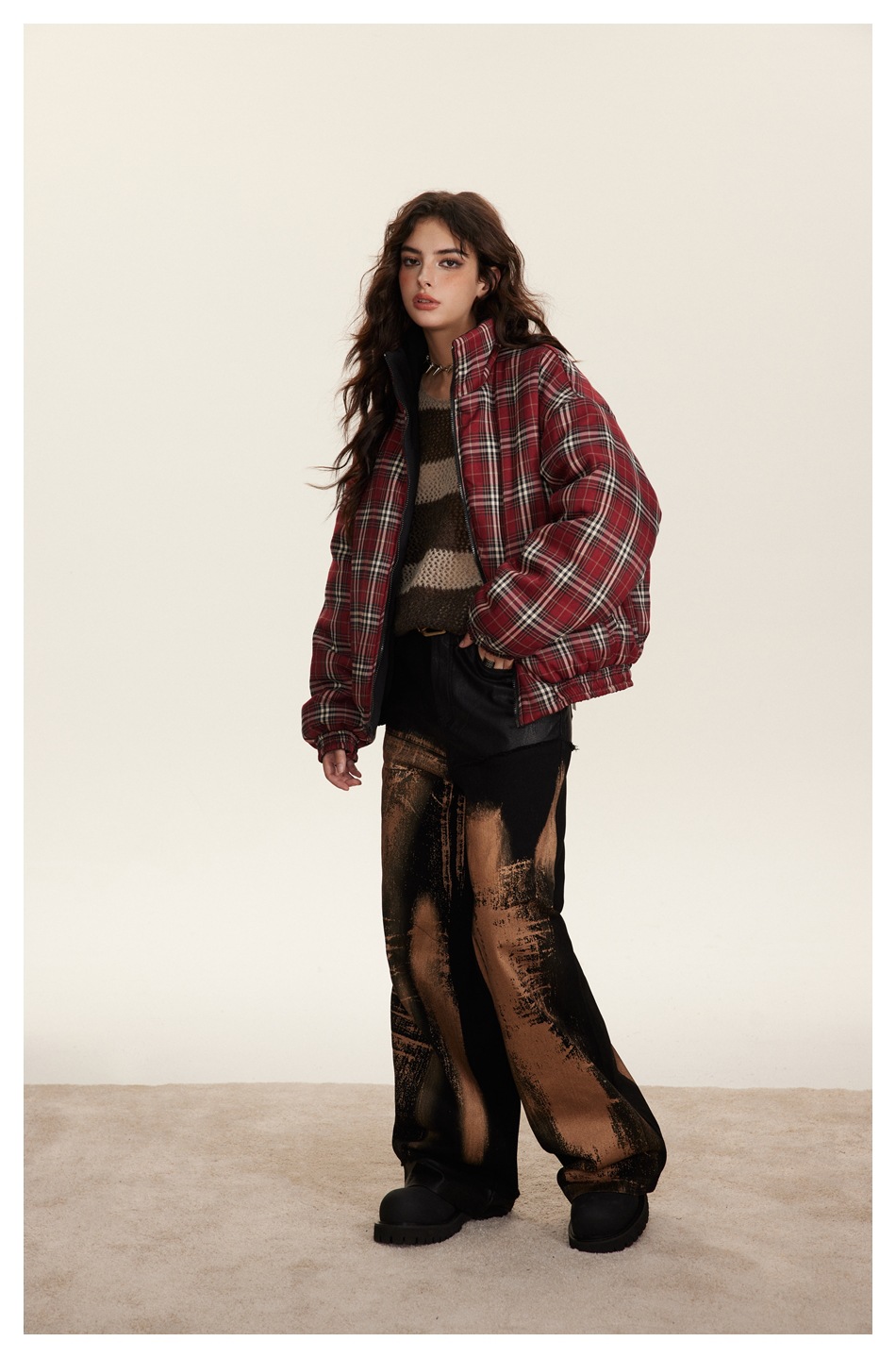 Herrenbekleidung Retro-Karierter Baumwollmantel Paar Wintermantel Männer und Frauen doppelseitiger Baumwollmantel mit Stehkragen_voghion.com