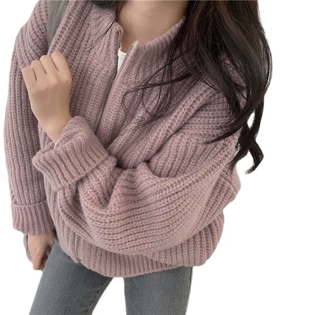 Демисезонная Retro Zip кардиган из пряжи, женская свободная куртка, ребристый воротник-стойка