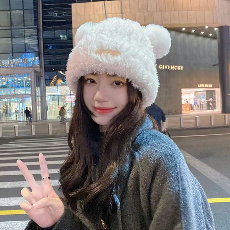 冬季小熊2025新毛绒护耳针织帽女韩版百搭显脸小毛线帽子2025新款|undefined