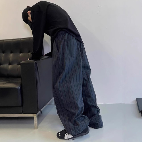 Autumn/Winter Retro Black and Blue Vertical Striped Straight-Leg Jogger Pants for Men, Can Be Tied at the Ankle or Drag on the Ground, Wide-Leg Long Pants