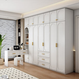 French-Style Wardrobe for Bedroom, Modern Minimalist Finished Corner Wardrobe with Dressing Table and Desk Combination, Large Closet