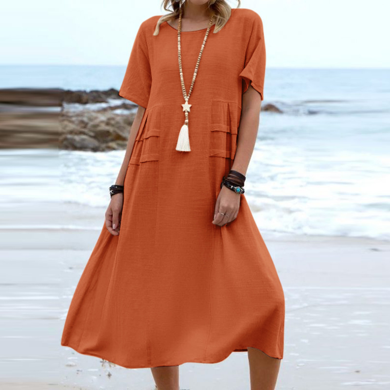 Robe d'été décontractée pour femme, coupe ample, col rond, manches courtes, longueur mi-longue, en coton et lin, couleur unie_voghion.com
