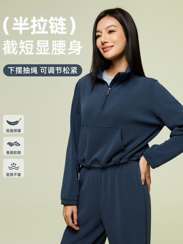 Short windproof turtleneck sports hoodie women drawstring hem half open collar loose casual long sleeve top D25136