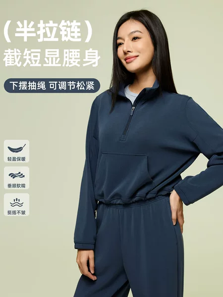 Short Windproof Stand-Up Collar Sports Sweatshirt for Women with Drawstring Hem Half Placket Loose Casual Long-Sleeved Top D25136
