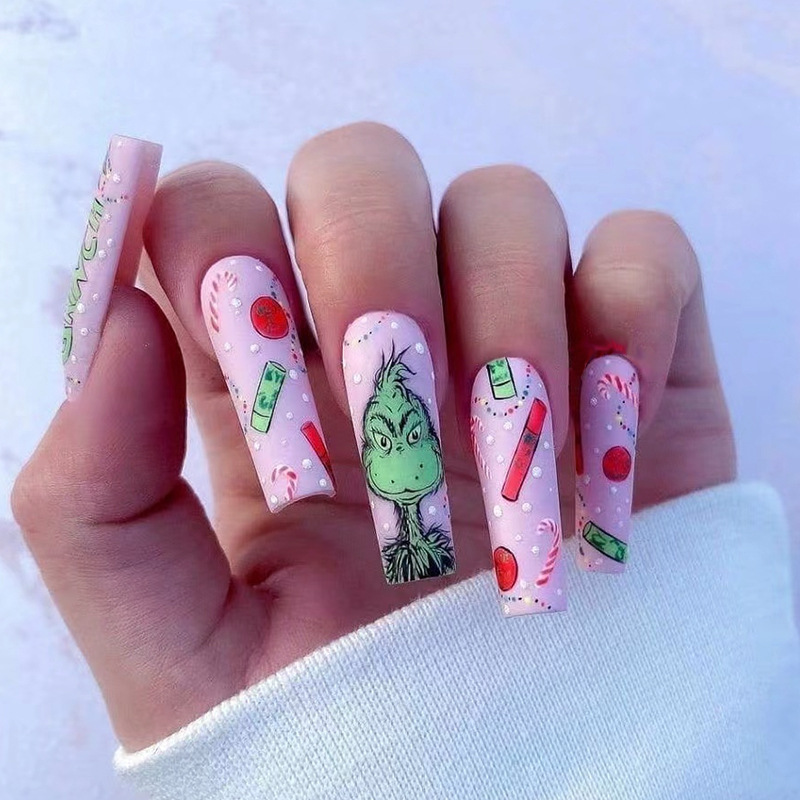 Pink purple frosted textured water pipe Christmas fake nails Grinch cartoon long hot girl European and American wear nail wholesale
