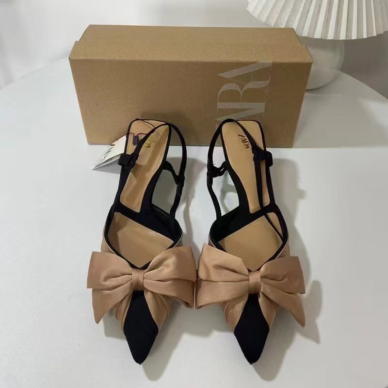 ZA New Style 2024 Summer Pointed Stiletto Heel Shallow High Heels Women's Bow Rear Strap Fashion Sandals Women's Color-block