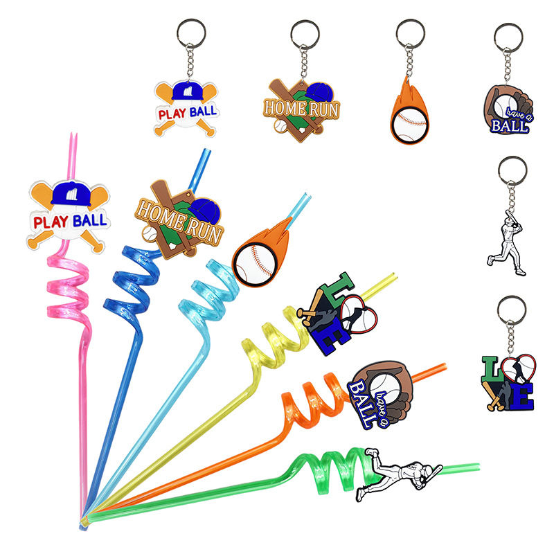 Serie de béisbol Pajita en espiral creativa 6 deportes Tema de béisbol Llavero a juego combinación petg