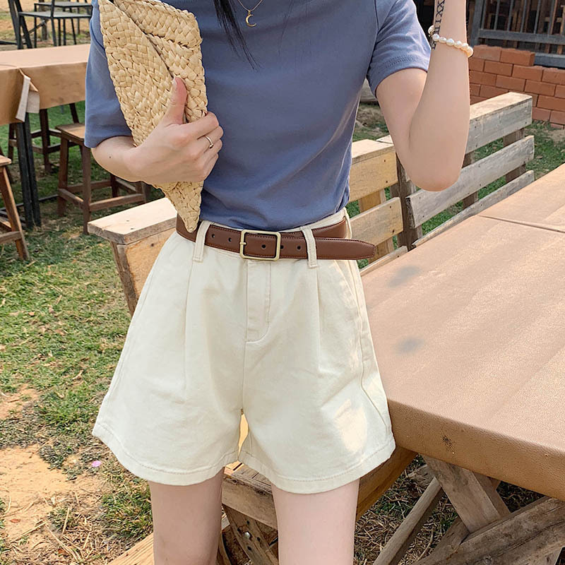 Cowboy shorts female summer 2021 new high waist loose thin apricot casual solid color wild flask hot pants