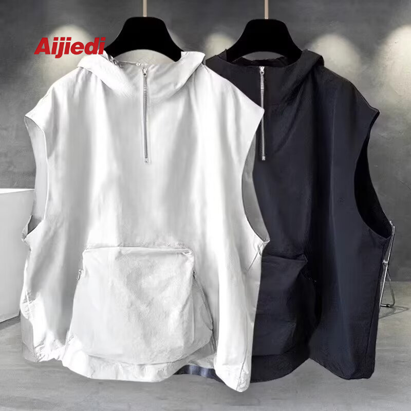 Trendy Brand Workwear Sleeveless T-Shirt Men's Solid Color Puffy Handsome Hooded Summer Waistcoat Design Zipper Loose Pocket Large Trendy Brand Workwear Sleeveless T-Shirt Men's Solid Color Puffy Handsome Hooded Summer Waistcoat Design Zipper Loose Pocket Large