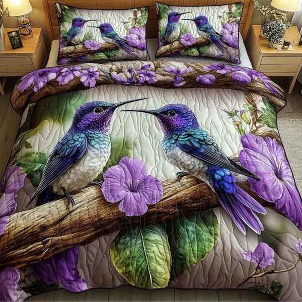 Three-piece floral and bird pattern bedspread set, 3D digital print quilted bedspread, direct factory sale for student dormitories