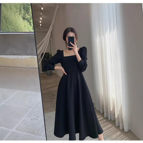 Women's Black Long Sleeve Square Neck Dress, High-Quality Plus Size Long Dress, Autumn Thin Version, Slimming Waist, Pictures and Colors Available