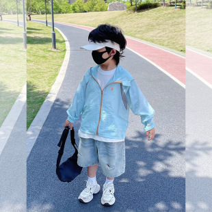 Boys 2025 Summer Lightweight Original Yarn Sun Protection Clothing Children's Contrast Color Hooded Breathable Sports Jacket