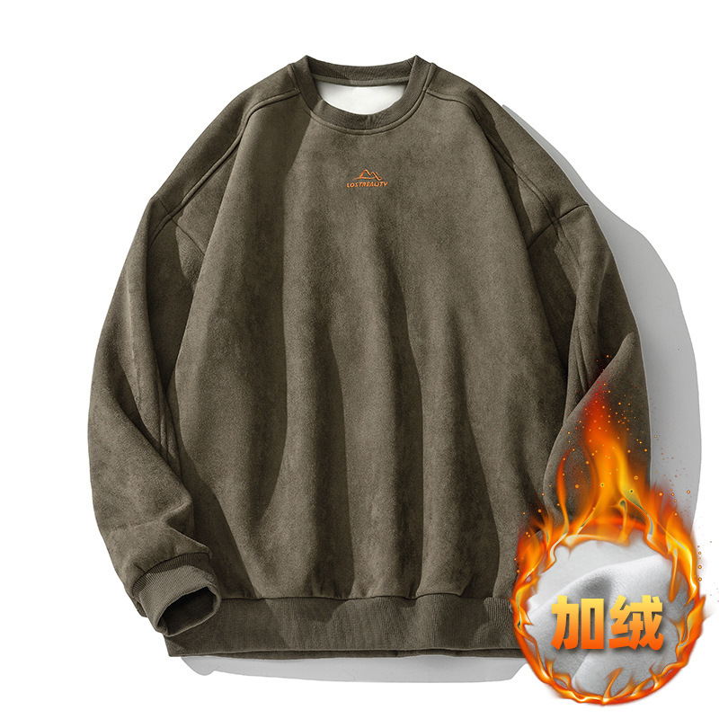 Sudadera de cuello redondo de gamuza de 350 g para hombre, estilo japonés, nueva colección primavera 2025, de marca, holgada, bordada, estilo chaqueta.
