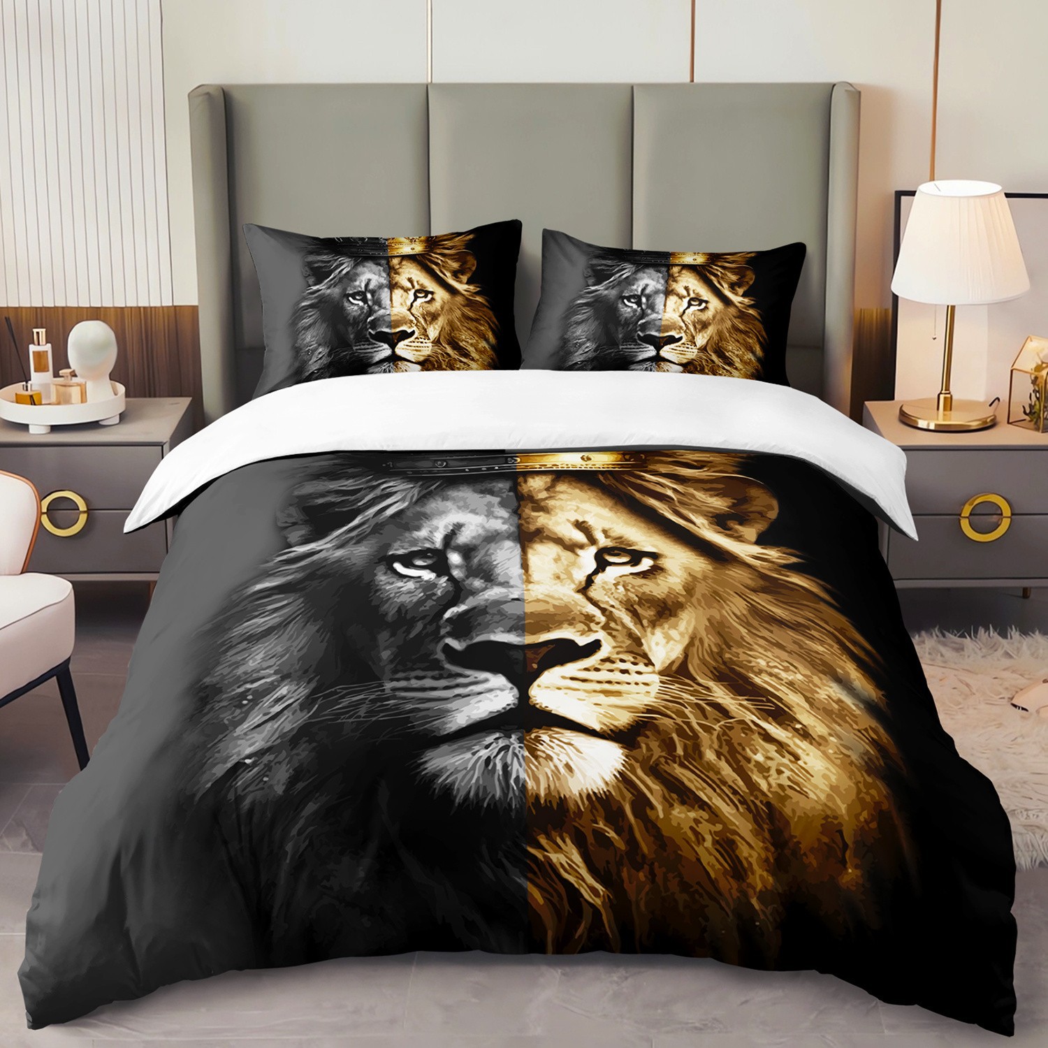 TEMU / JIT textil doméstico molido impresión digital ropa de cama kit león patrón creativo fuente fábrica