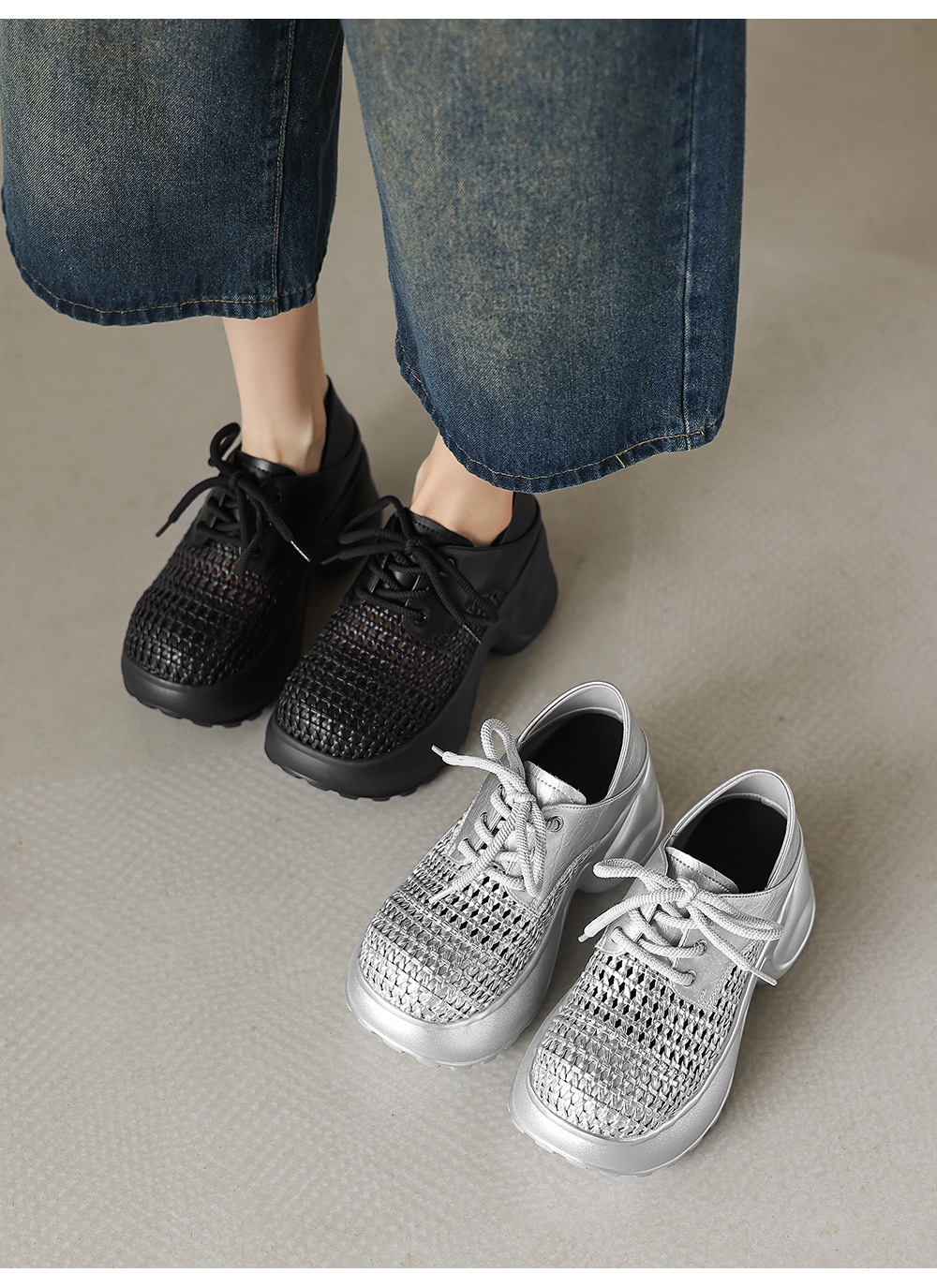 Giày sneaker nữ chunky đế dày 8cm, kiểu dáng lỗ thoáng khí, phối màu bạc — màu đen, bạc chi tiết 19