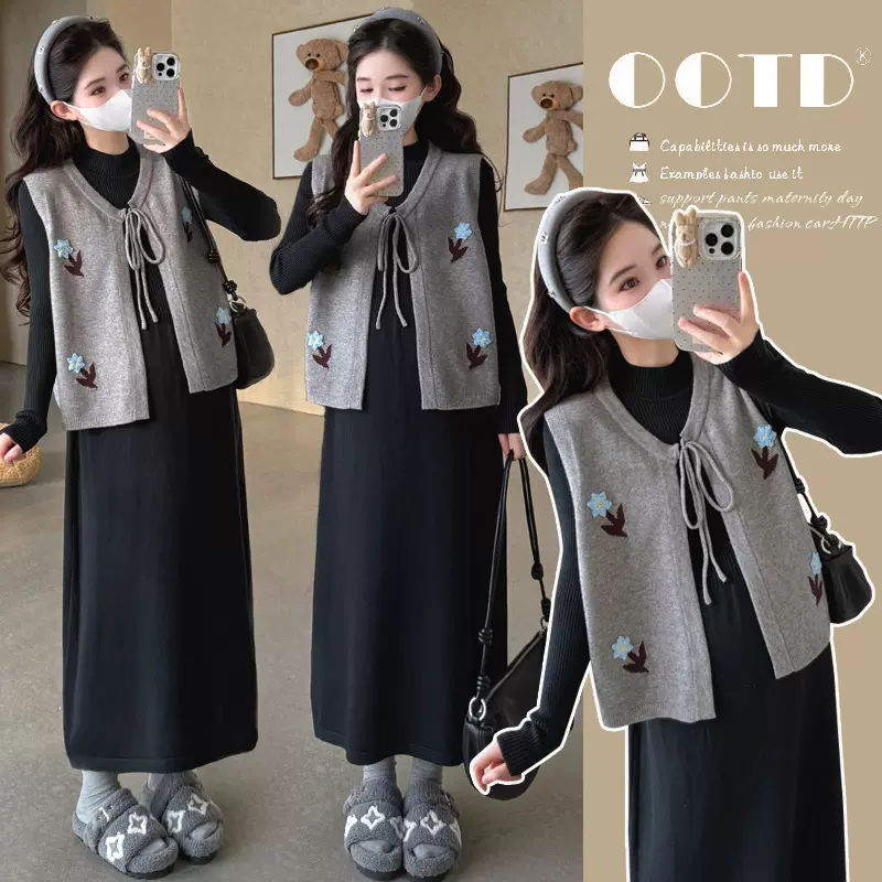 孕妇秋装套装2025新款孕妈高级穿搭开衫马甲刺绣提花连衣裙秋冬季