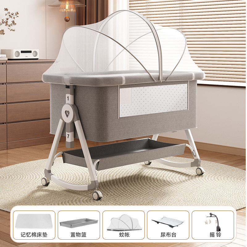 Cama de cuna plegable móvil ajustable de altura, cama de bebé portátil, cama de empalme para bebé multifuncional
