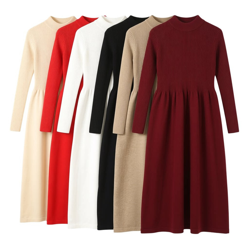 Autumn and Winter Double-Layer Collar Knitted Dress, Long Skirt, Over-The-Knee French Elegant Sweater Dress, Large Hem Skirt