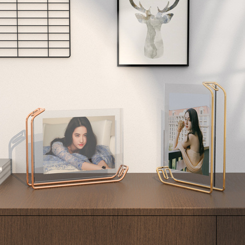A4 gold metal photo frame stand double-sided display Nordic geometric metal glass photo frame rose for horizontal and vertical use