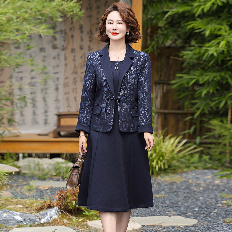 妈妈西装外套2025新款洋气50多岁中年女春秋冬装两件套装连衣裙子|undefined