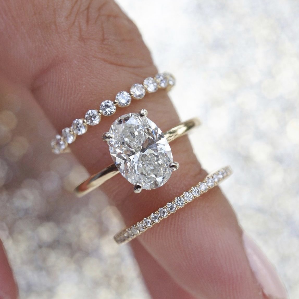 Ouni Exquisite Fashion Hot Style Accessible Luxury Style Fashionable Versatile Zircon Ring Women's Super Flash Diamond Exquisite Three-Piece Ring Set