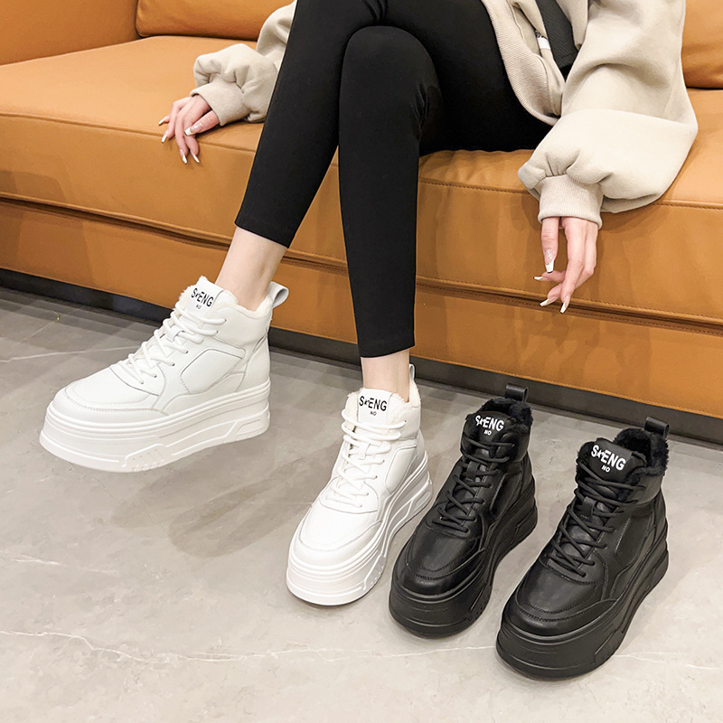 High-Top Casual Shoes in Stock 2023 New Thick-Soled Height-Increasing Fleece-Lined Sneakers Fashionable Versatile Sports White Shoes for Women
